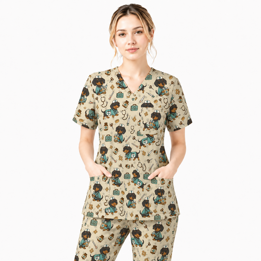 Funny Dachshund Pattern Medical Shirt Nursing, Cute Wiener Dog Nurse Scrub Top, Breathable Med Uniform, RN CNA Doctor Scrubs