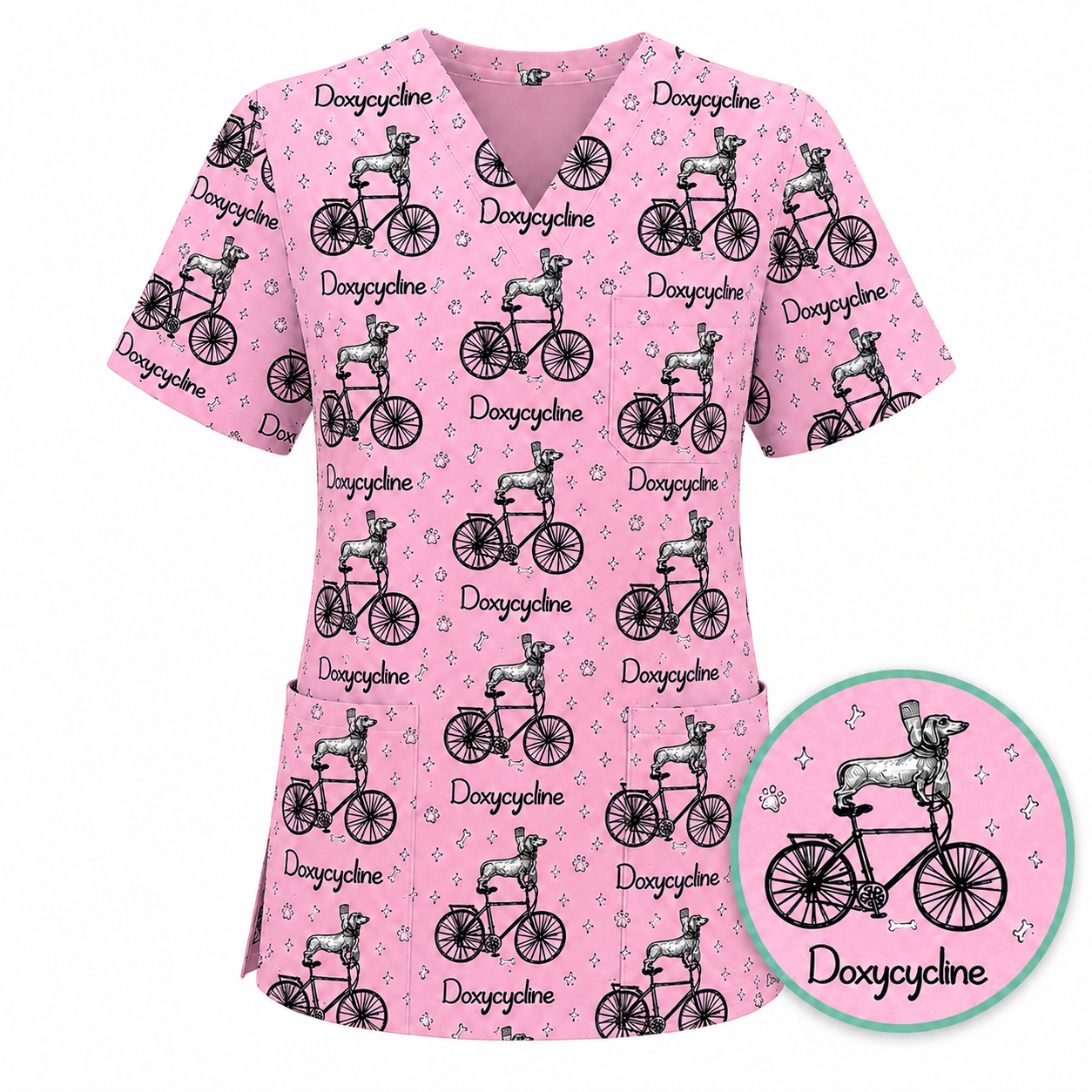 Funny Doxycycline Dog Bicycle Print Scrub Top, Comfortable Scrubs For Nurses, Dog Lover Nurse Shirt Medical Uniform RN LPN CNA Gift