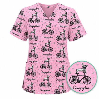 Funny Doxycycline Dog Bicycle Print Scrub Top, Comfortable Scrubs For Nurses, Dog Lover Nurse Shirt Medical Uniform RN LPN CNA Gift