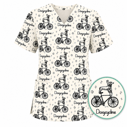 Funny Doxycycline Dog Bicycle Print Scrub Top, Comfortable Scrubs For Nurses, Dog Lover Nurse Shirt Medical Uniform RN LPN CNA Gift