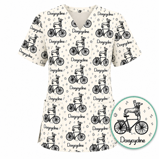 Funny Doxycycline Dog Bicycle Print Scrub Top, Comfortable Scrubs For Nurses, Dog Lover Nurse Shirt Medical Uniform RN LPN CNA Gift