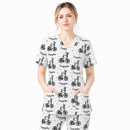 Funny Doxycycline Dog Bicycle Print Scrub Top, Comfortable Scrubs For Nurses, Dog Lover Nurse Shirt Medical Uniform RN LPN CNA Gift