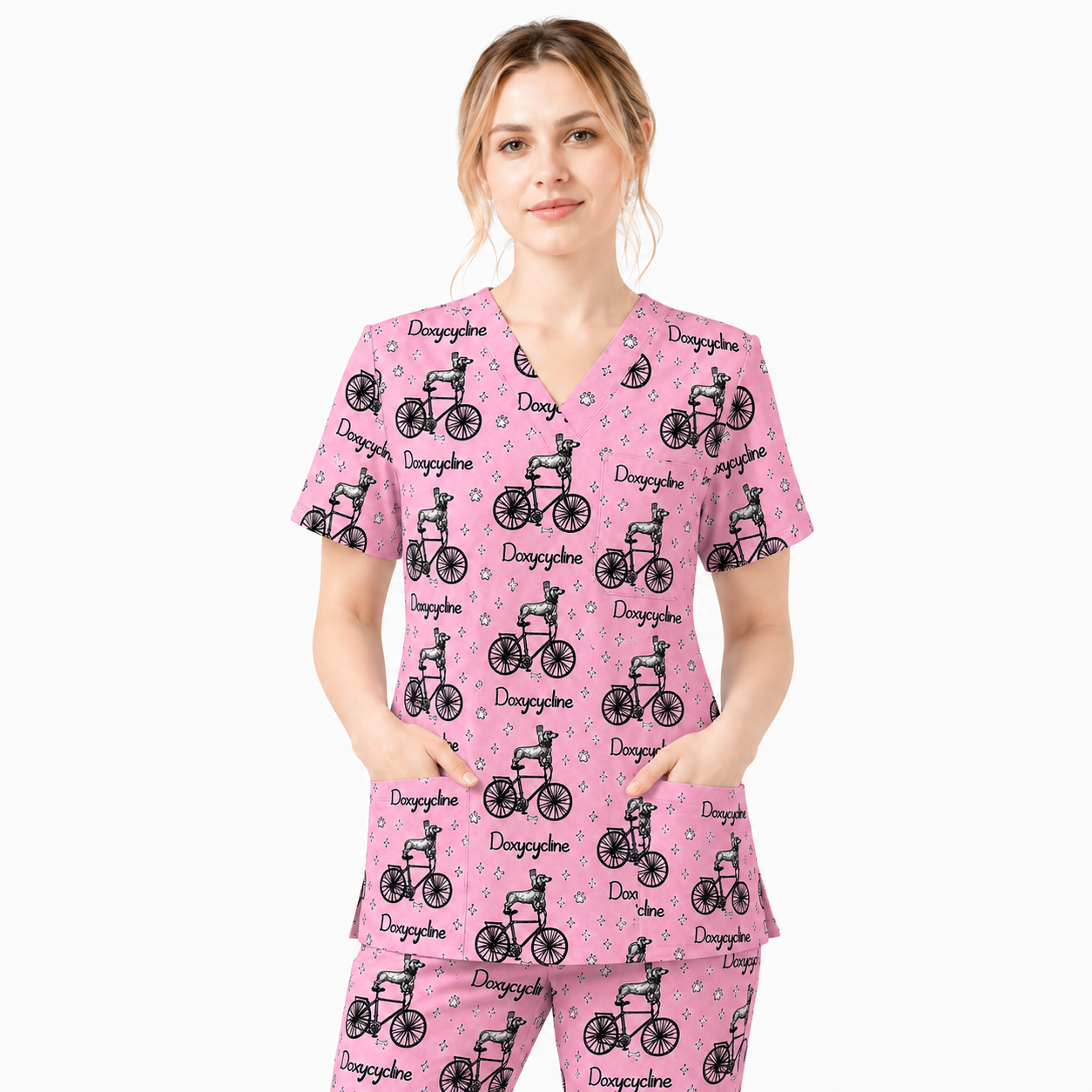 Funny Doxycycline Dog Bicycle Print Scrub Top, Comfortable Scrubs For Nurses, Dog Lover Nurse Shirt Medical Uniform RN LPN CNA Gift