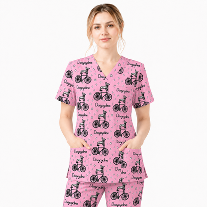 Funny Doxycycline Dog Bicycle Print Scrub Top, Comfortable Scrubs For Nurses, Dog Lover Nurse Shirt Medical Uniform RN LPN CNA Gift