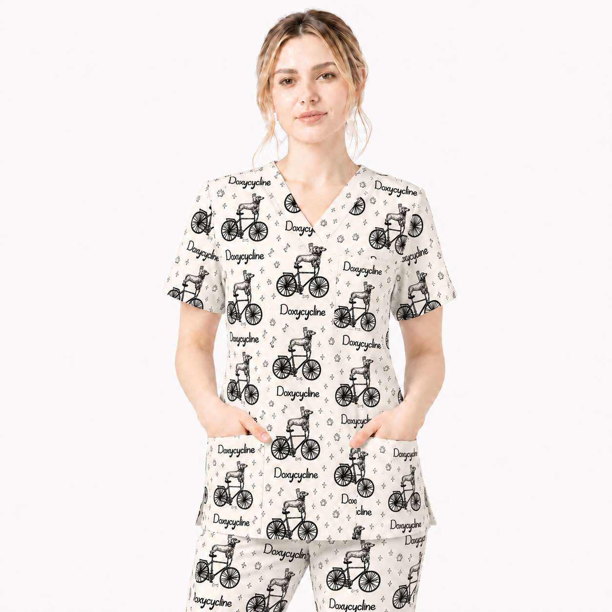 Funny Doxycycline Dog Bicycle Print Scrub Top, Comfortable Scrubs For Nurses, Dog Lover Nurse Shirt Medical Uniform RN LPN CNA Gift