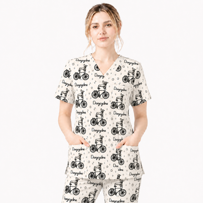 Funny Doxycycline Dog Bicycle Print Scrub Top, Comfortable Scrubs For Nurses, Dog Lover Nurse Shirt Medical Uniform RN LPN CNA Gift