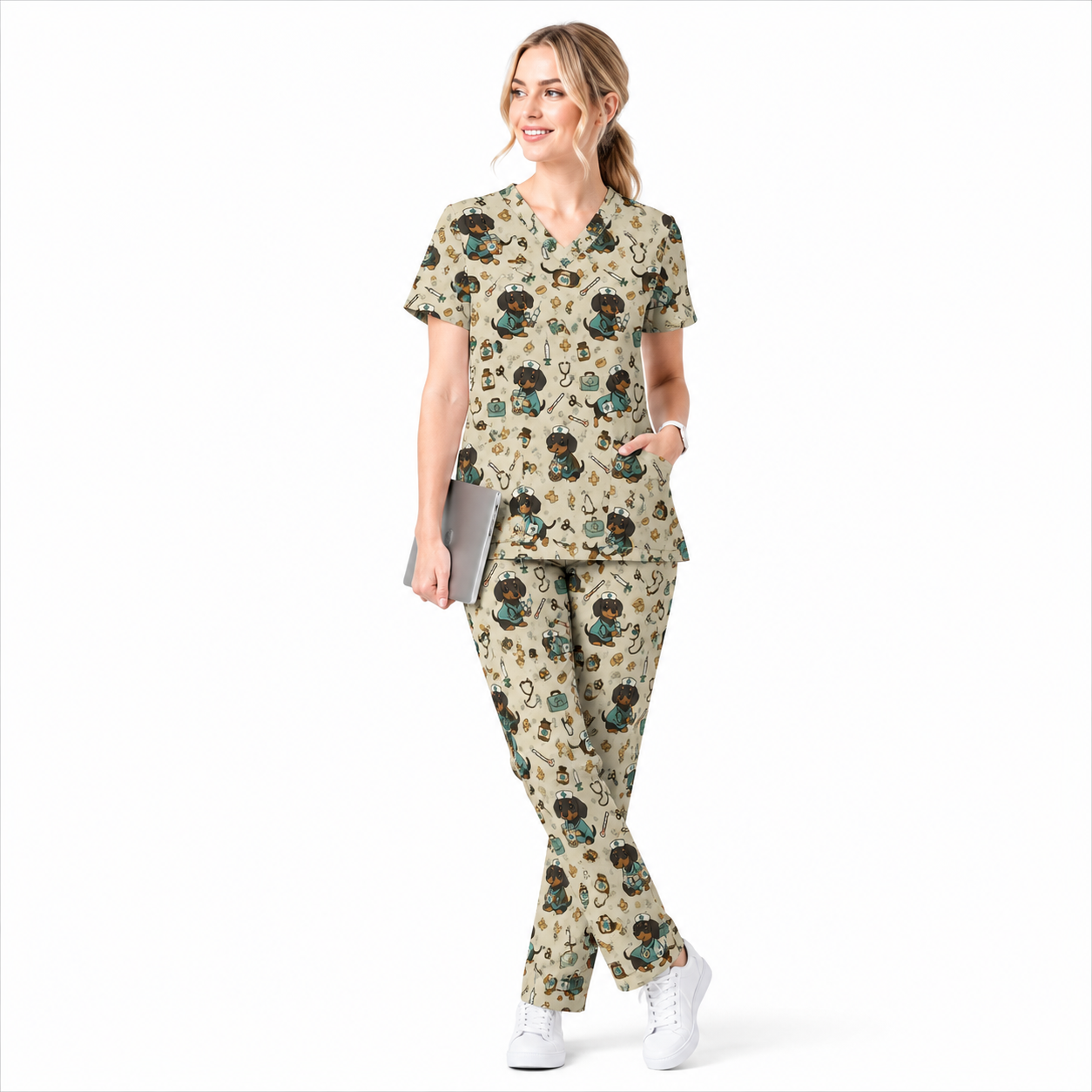 Funny Dachshund Pattern Medical Shirt Nursing, Cute Wiener Dog Nurse Scrub Top, Breathable Med Uniform, RN CNA Doctor Scrubs