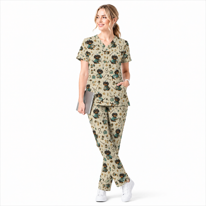 Funny Dachshund Pattern Medical Shirt Nursing, Cute Wiener Dog Nurse Scrub Top, Breathable Med Uniform, RN CNA Doctor Scrubs