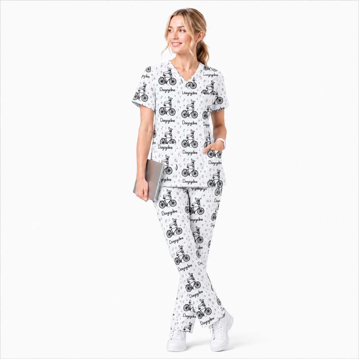 Funny Doxycycline Dog Bicycle Print Scrub Top, Comfortable Scrubs For Nurses, Dog Lover Nurse Shirt Medical Uniform RN LPN CNA Gift