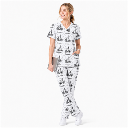 Funny Doxycycline Dog Bicycle Print Scrub Top, Comfortable Scrubs For Nurses, Dog Lover Nurse Shirt Medical Uniform RN LPN CNA Gift