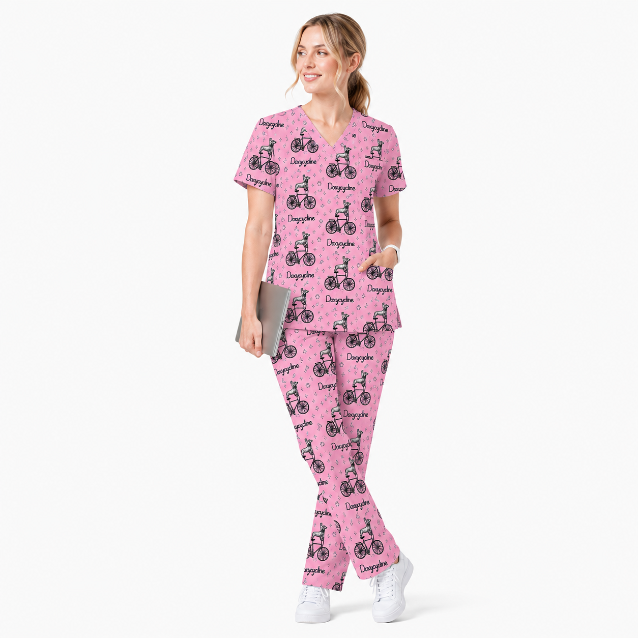 Funny Doxycycline Dog Bicycle Print Scrub Top, Comfortable Scrubs For Nurses, Dog Lover Nurse Shirt Medical Uniform RN LPN CNA Gift
