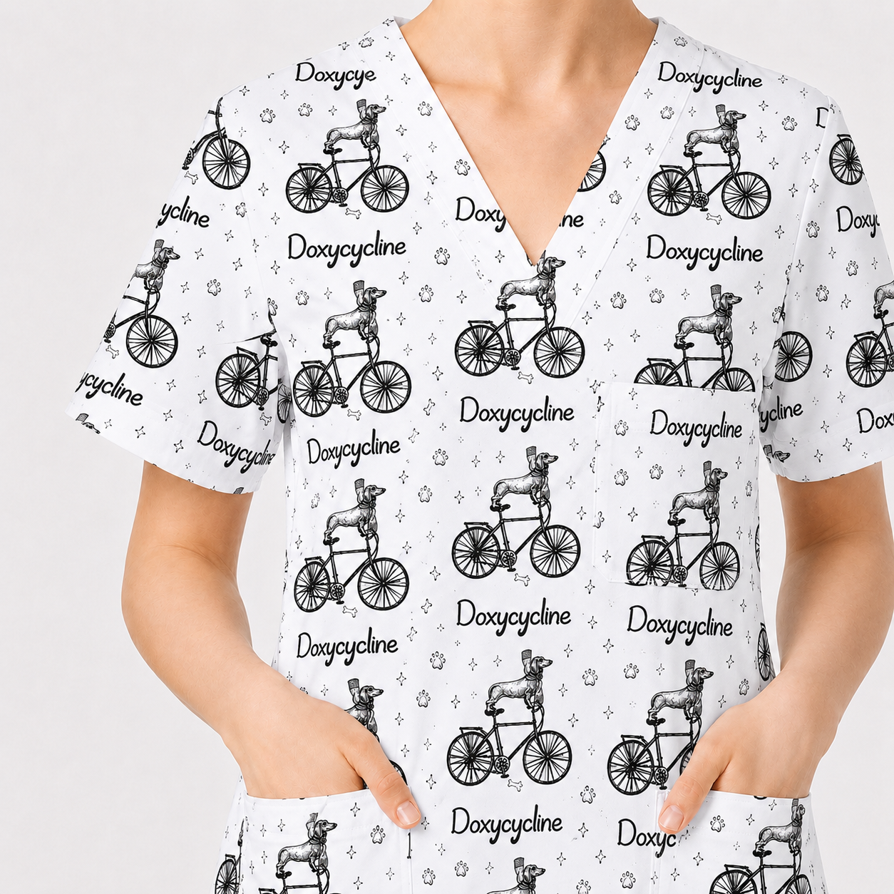 Funny Doxycycline Dog Bicycle Print Scrub Top, Comfortable Scrubs For Nurses, Dog Lover Nurse Shirt Medical Uniform RN LPN CNA Gift