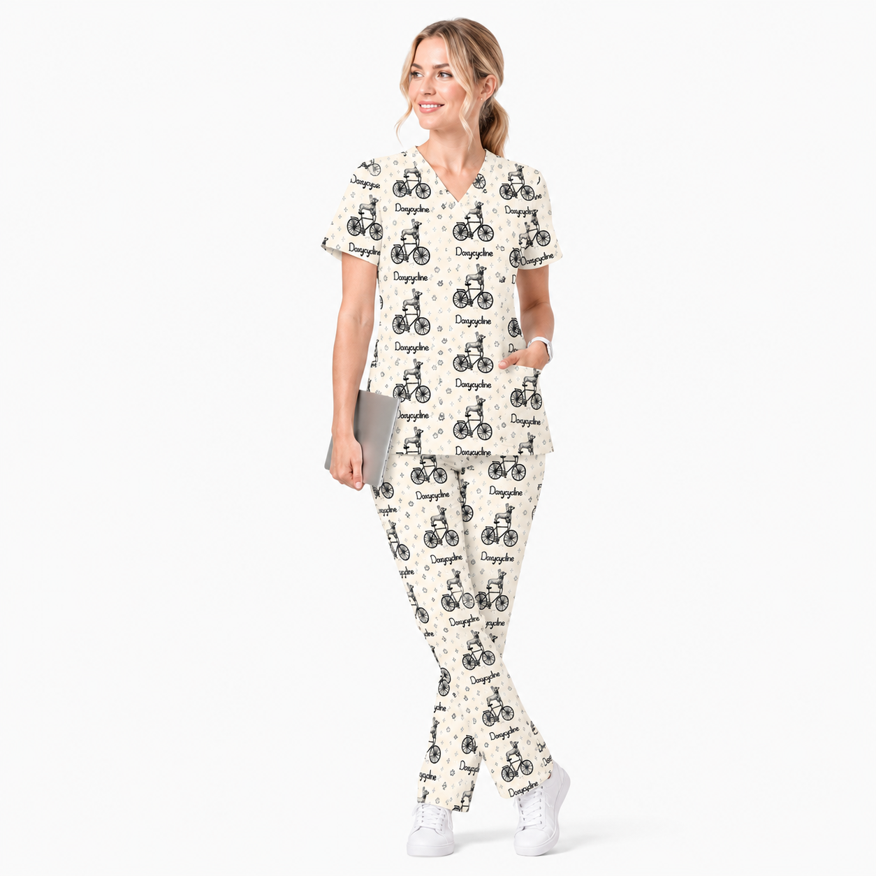 Funny Doxycycline Dog Bicycle Print Scrub Top, Comfortable Scrubs For Nurses, Dog Lover Nurse Shirt Medical Uniform RN LPN CNA Gift