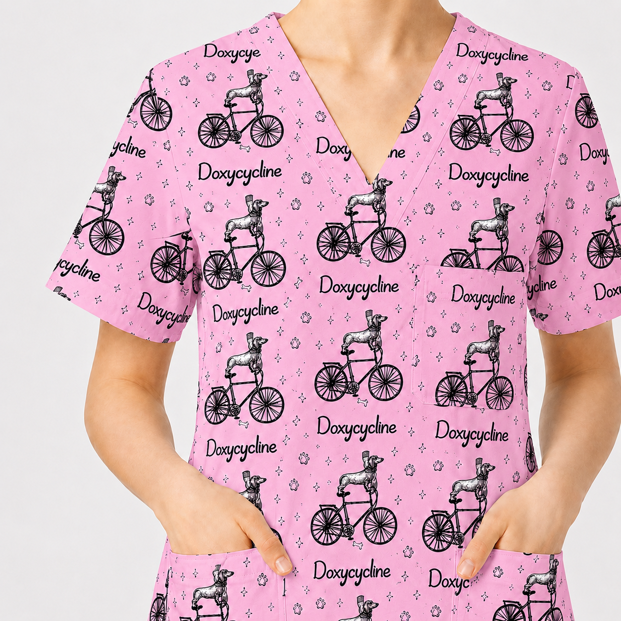 Funny Doxycycline Dog Bicycle Print Scrub Top, Comfortable Scrubs For Nurses, Dog Lover Nurse Shirt Medical Uniform RN LPN CNA Gift