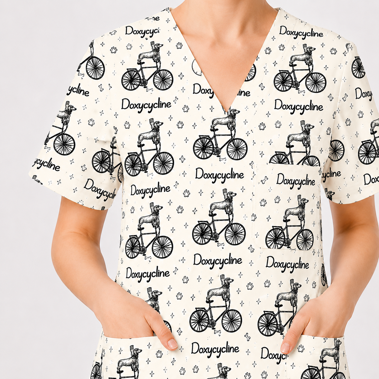 Funny Doxycycline Dog Bicycle Print Scrub Top, Comfortable Scrubs For Nurses, Dog Lover Nurse Shirt Medical Uniform RN LPN CNA Gift