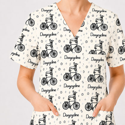 Funny Doxycycline Dog Bicycle Print Scrub Top, Comfortable Scrubs For Nurses, Dog Lover Nurse Shirt Medical Uniform RN LPN CNA Gift