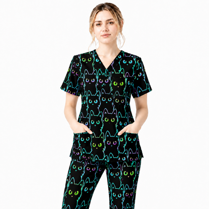 Black Cat Scrub Shirt, Neon Cat Pattern Scrub Top, Breathable Fabrics Nursing Uniform