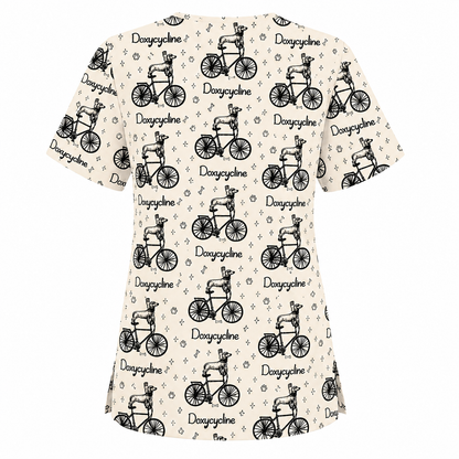 Funny Doxycycline Dog Bicycle Print Scrub Top, Comfortable Scrubs For Nurses, Dog Lover Nurse Shirt Medical Uniform RN LPN CNA Gift