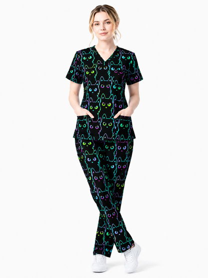 Black Cat Scrub Shirt, Neon Cat Pattern Scrub Top, Breathable Fabrics Nursing Uniform