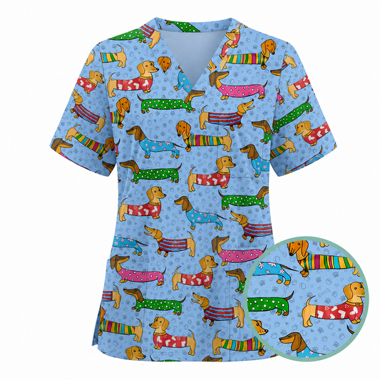 Dachshund Dog Scrub Top, Funny Wiener Dog Scrubs For Nursing, RN LPN CNA Healthcare Workers Gift