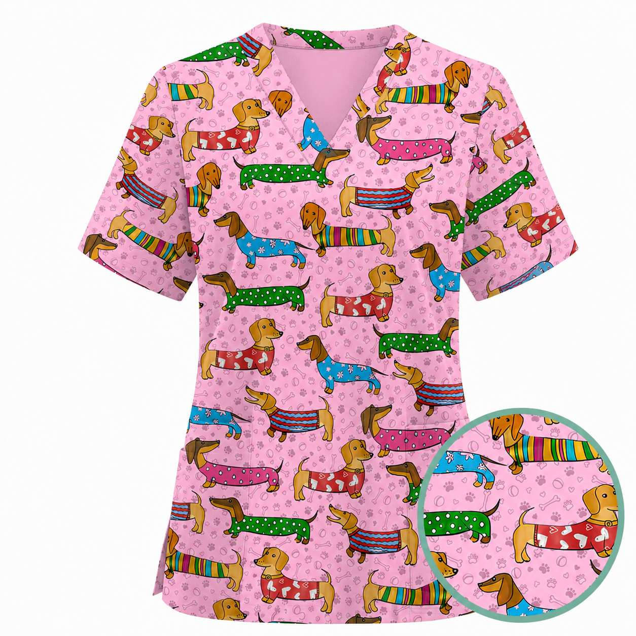Dachshund Dog Scrub Top, Funny Wiener Dog Scrubs For Nursing, RN LPN CNA Healthcare Workers Gift