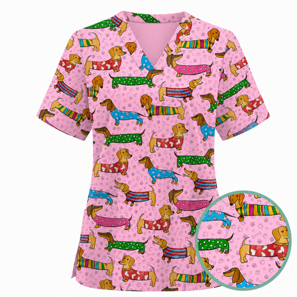 Dachshund Dog Scrub Top, Funny Wiener Dog Scrubs For Nursing, RN LPN CNA Healthcare Workers Gift