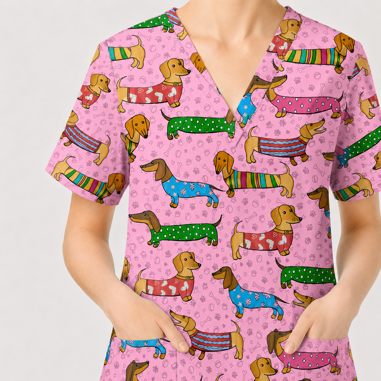 Dachshund Dog Scrub Top, Funny Wiener Dog Scrubs For Nursing, RN LPN CNA Healthcare Workers Gift
