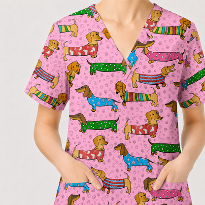 Dachshund Dog Scrub Top, Funny Wiener Dog Scrubs For Nursing, RN LPN CNA Healthcare Workers Gift