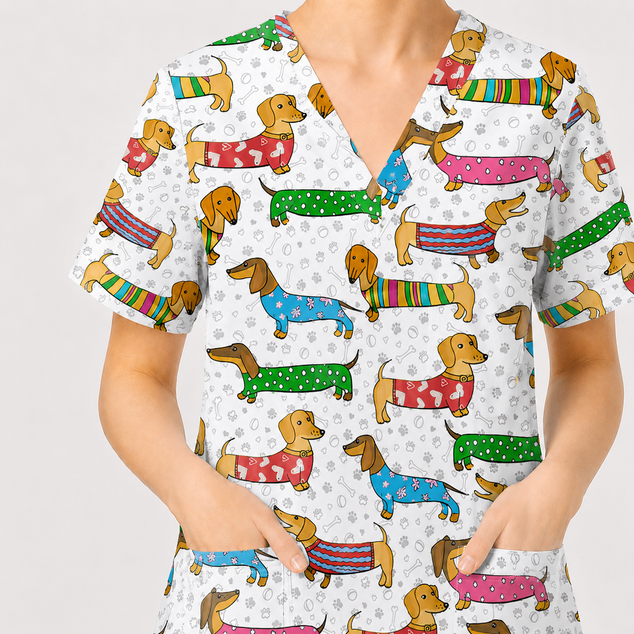 Dachshund Dog Scrub Top, Funny Wiener Dog Scrubs For Nursing, RN LPN CNA Healthcare Workers Gift