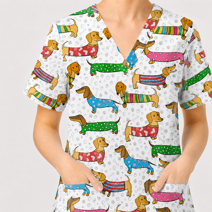 Dachshund Dog Scrub Top, Funny Wiener Dog Scrubs For Nursing, RN LPN CNA Healthcare Workers Gift