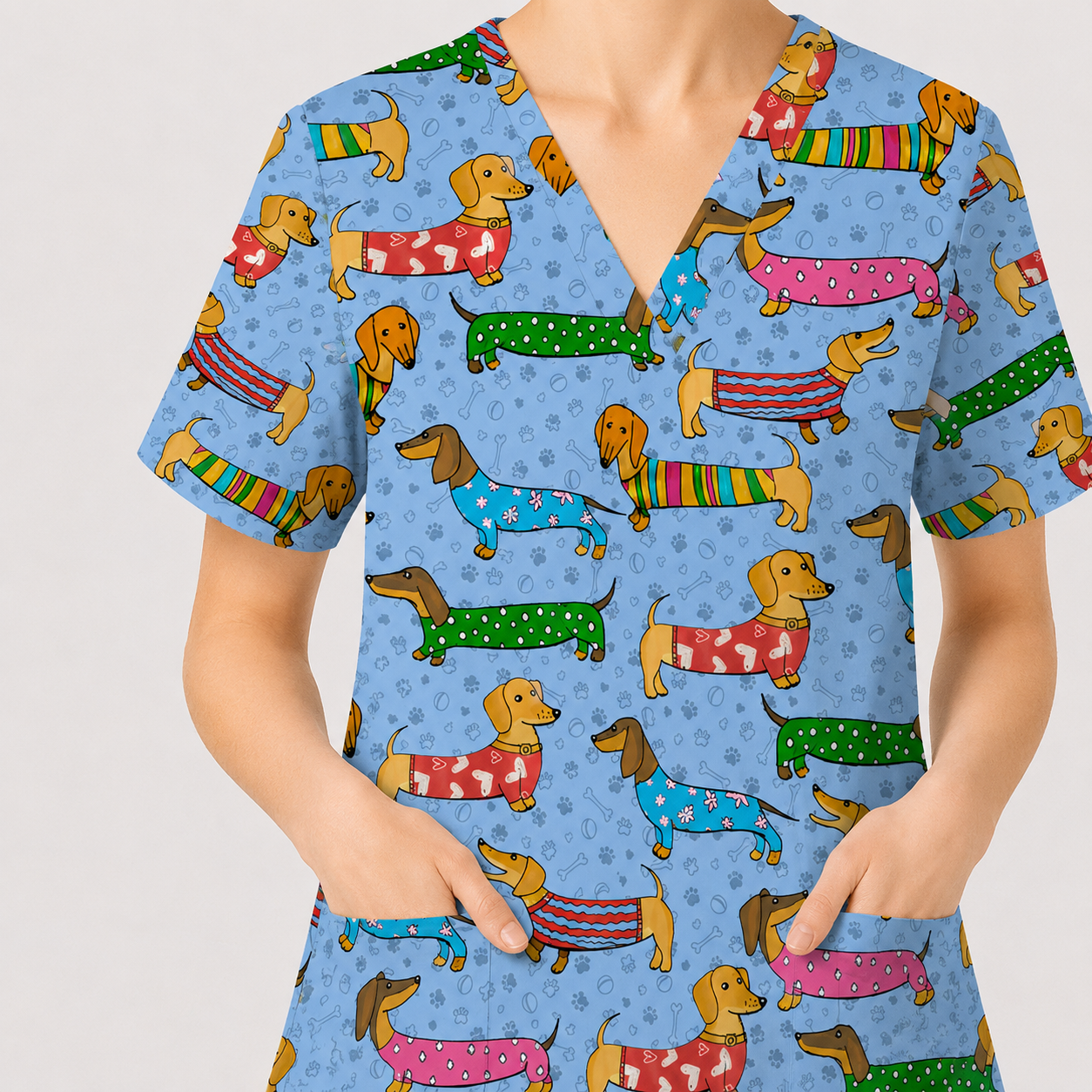 Dachshund Dog Scrub Top, Funny Wiener Dog Scrubs For Nursing, RN LPN CNA Healthcare Workers Gift