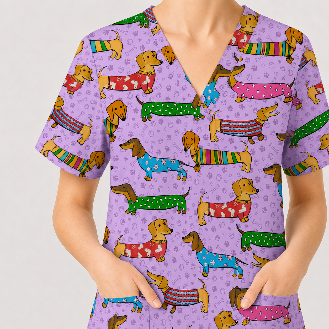 Dachshund Dog Scrub Top, Funny Wiener Dog Scrubs For Nursing, RN LPN CNA Healthcare Workers Gift