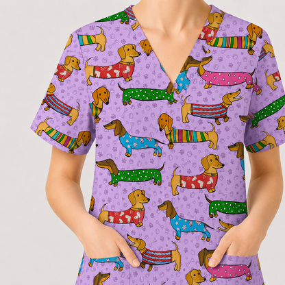 Dachshund Dog Scrub Top, Funny Wiener Dog Scrubs For Nursing, RN LPN CNA Healthcare Workers Gift