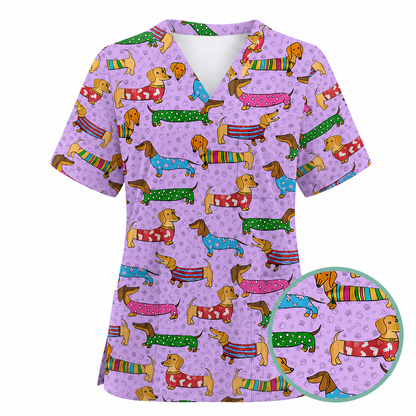 Dachshund Dog Scrub Top, Funny Wiener Dog Scrubs For Nursing, RN LPN CNA Healthcare Workers Gift
