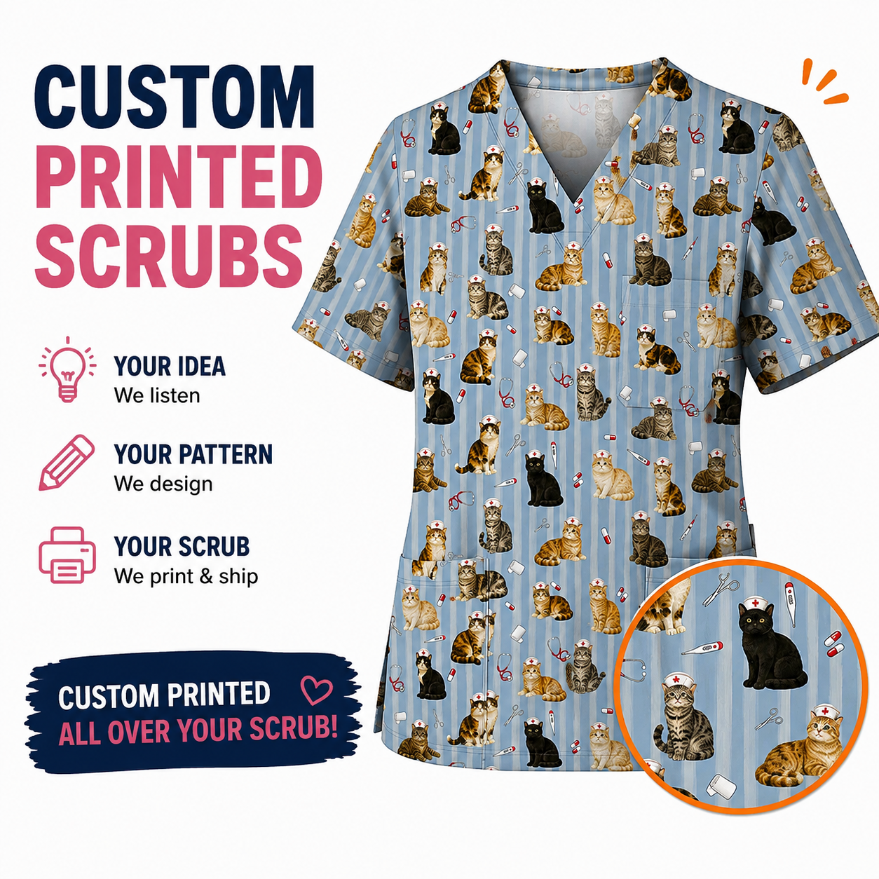 Personalized Cat Nurse Scrub Top, Custom Cat Print Nursing Uniform for Nurses, Veterinary Scrubs Gift for Cat Lovers