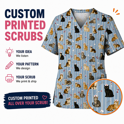 Personalized Cat Nurse Scrub Top, Custom Cat Print Nursing Uniform for Nurses, Veterinary Scrubs Gift for Cat Lovers
