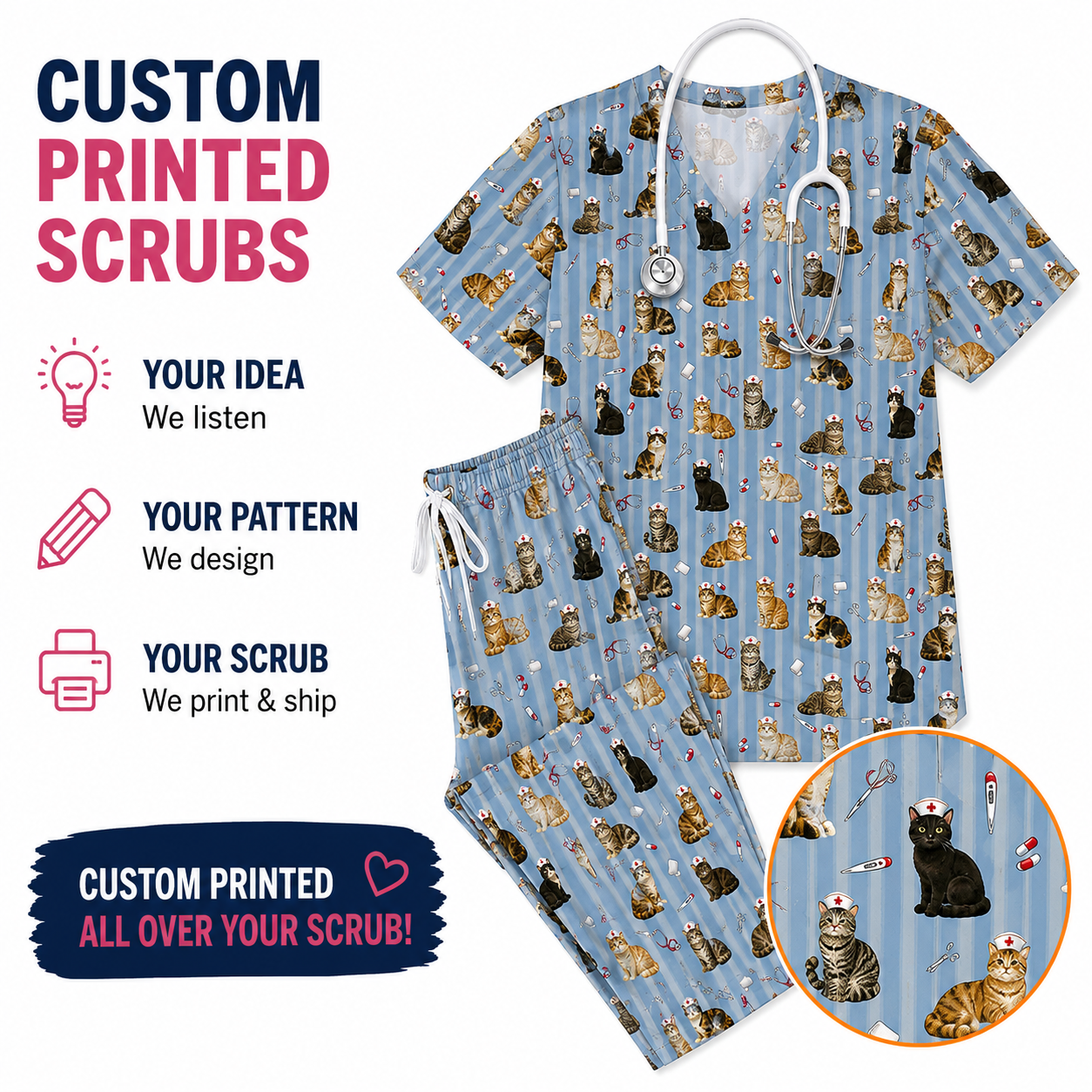 Personalized Cat Nurse Scrub Top, Custom Cat Print Nursing Uniform for Nurses, Veterinary Scrubs Gift for Cat Lovers