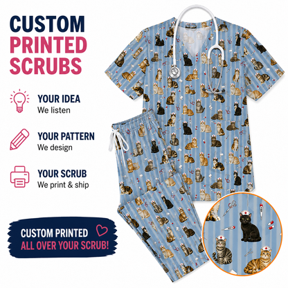 Personalized Cat Nurse Scrub Top, Custom Cat Print Nursing Uniform for Nurses, Veterinary Scrubs Gift for Cat Lovers