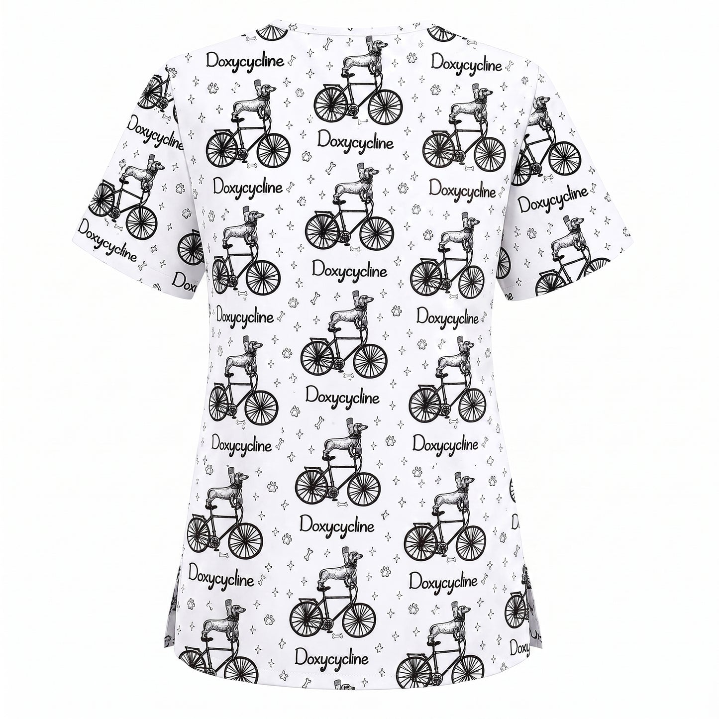 Funny Doxycycline Dog Bicycle Print Scrub Top, Comfortable Scrubs For Nurses, Dog Lover Nurse Shirt Medical Uniform RN LPN CNA Gift