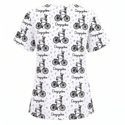 Funny Doxycycline Dog Bicycle Print Scrub Top, Comfortable Scrubs For Nurses, Dog Lover Nurse Shirt Medical Uniform RN LPN CNA Gift