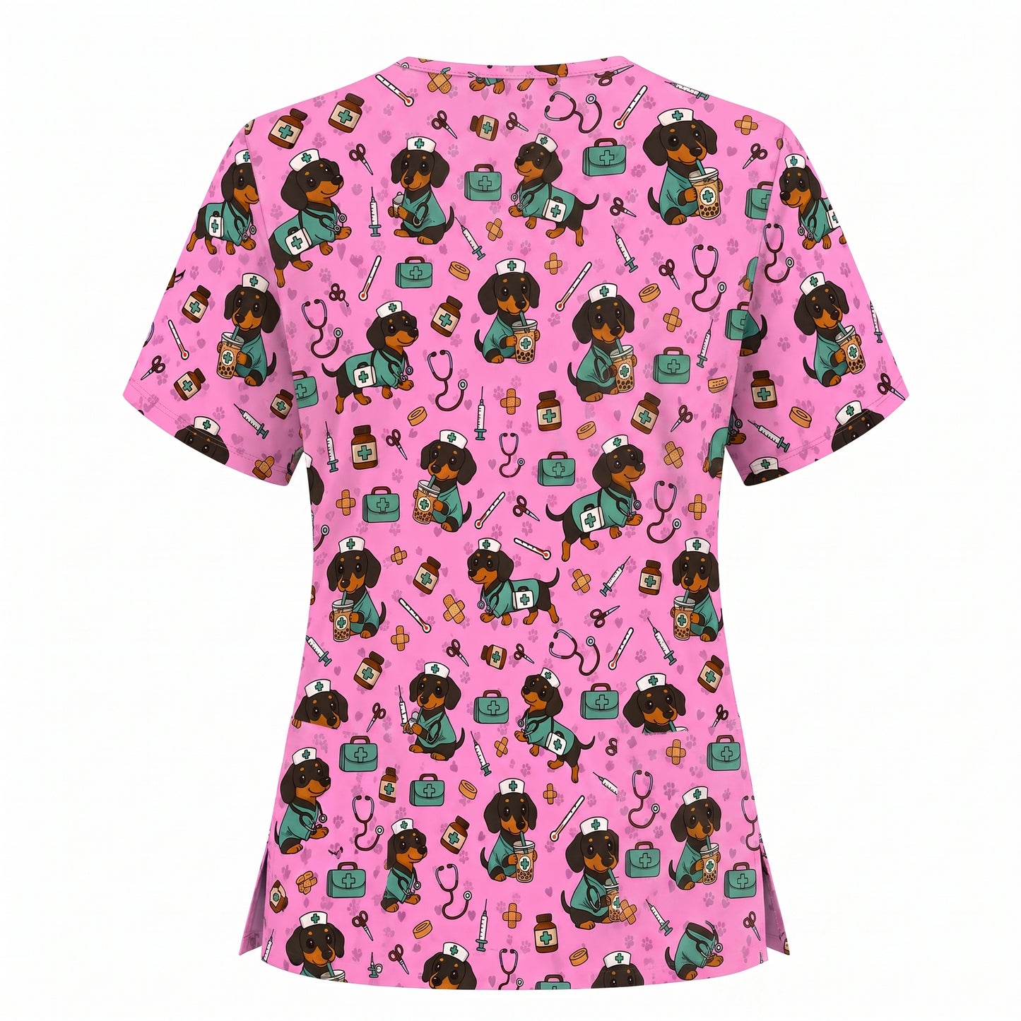Funny Dachshund Pattern Medical Shirt Nursing, Cute Wiener Dog Nurse Scrub Top, Breathable Med Uniform, RN CNA Doctor Scrubs