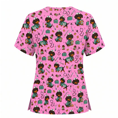 Funny Dachshund Pattern Medical Shirt Nursing, Cute Wiener Dog Nurse Scrub Top, Breathable Med Uniform, RN CNA Doctor Scrubs