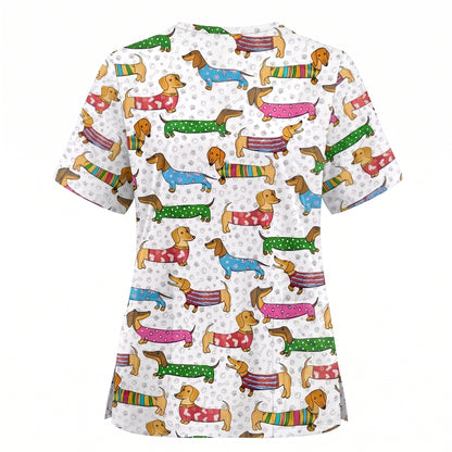 Dachshund Dog Scrub Top, Funny Wiener Dog Scrubs For Nursing, RN LPN CNA Healthcare Workers Gift