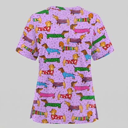 Dachshund Dog Scrub Top, Funny Wiener Dog Scrubs For Nursing, RN LPN CNA Healthcare Workers Gift