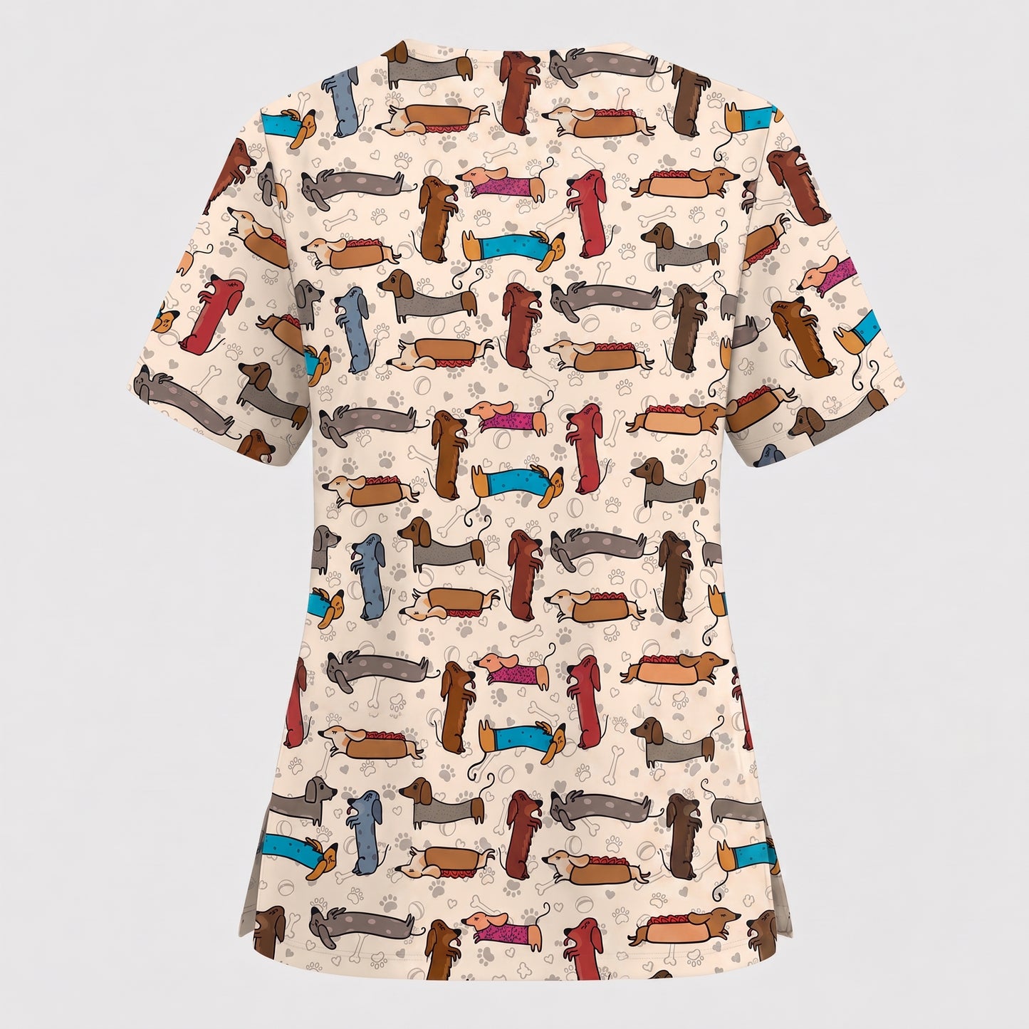 Cute Dachshund Scrub Top for Nurses, Funny Wiener Dog Print Medical Uniform Shirt, Sausage Dog Pattern Veterinary Workwear