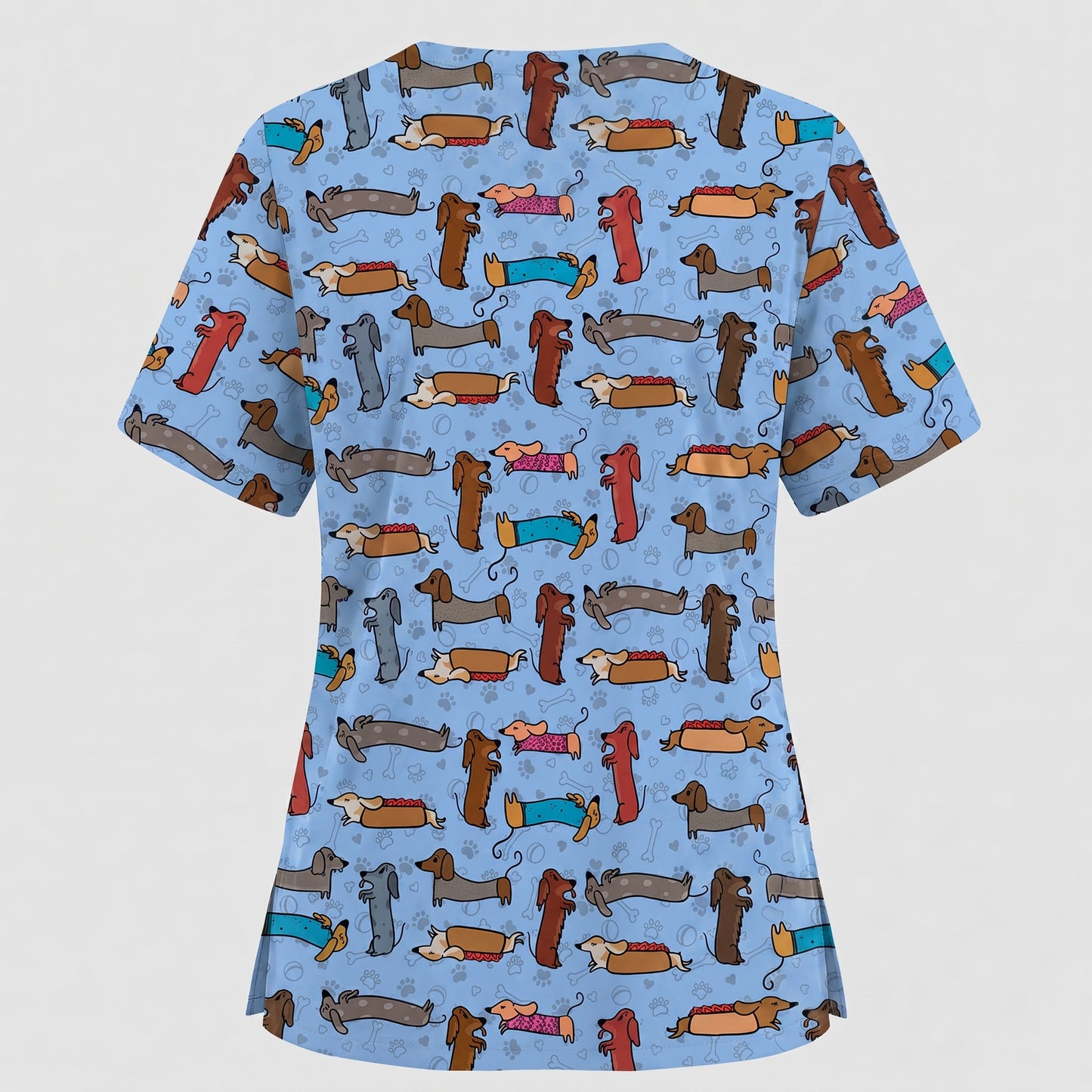 Cute Dachshund Scrub Top for Nurses, Funny Wiener Dog Print Medical Uniform Shirt, Sausage Dog Pattern Veterinary Workwear