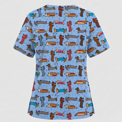 Cute Dachshund Scrub Top for Nurses, Funny Wiener Dog Print Medical Uniform Shirt, Sausage Dog Pattern Veterinary Workwear