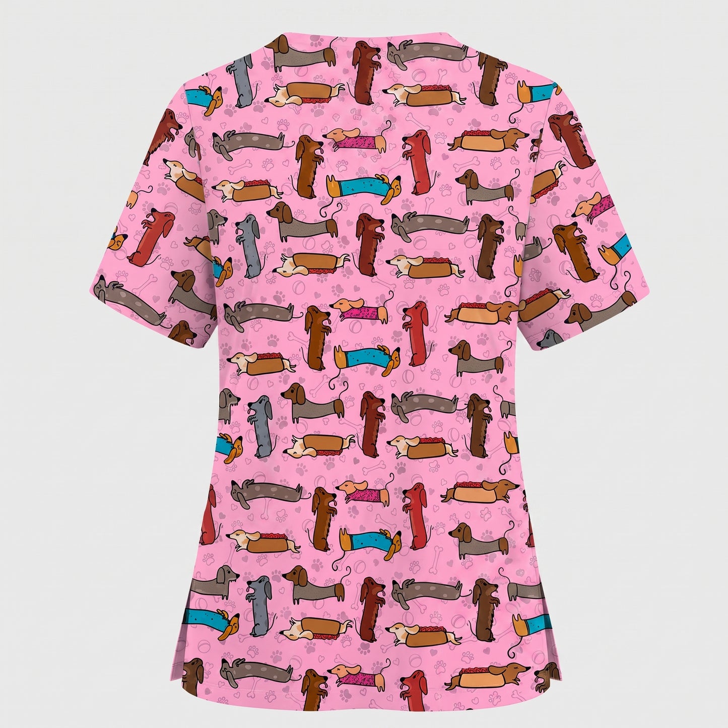 Cute Dachshund Scrub Top for Nurses, Funny Wiener Dog Print Medical Uniform Shirt, Sausage Dog Pattern Veterinary Workwear