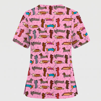 Cute Dachshund Scrub Top for Nurses, Funny Wiener Dog Print Medical Uniform Shirt, Sausage Dog Pattern Veterinary Workwear