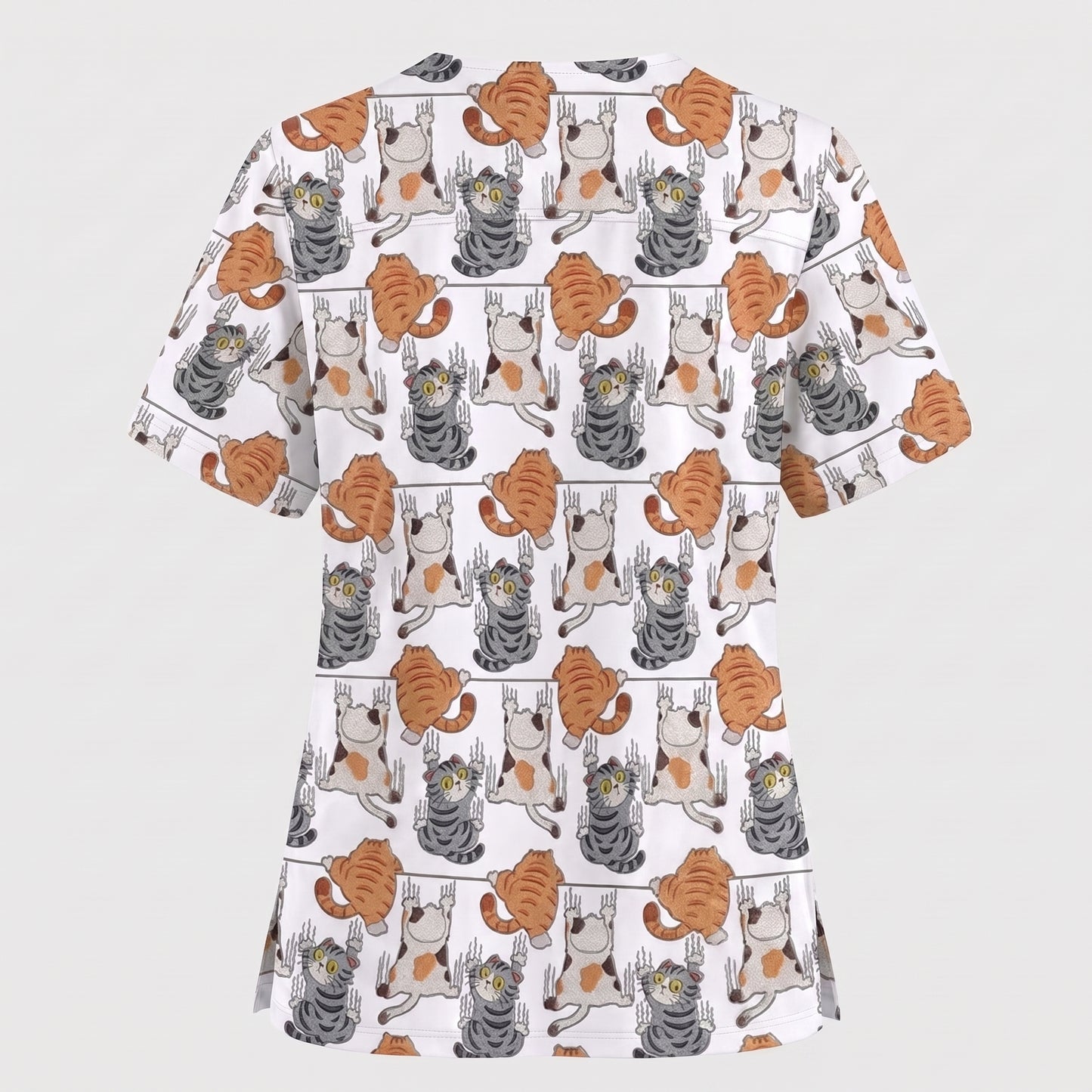 Cute Cat Pattern Nurse Scrub Top, Cats Medical Pattern Shirt, Breathable Fabrics Nursing Uniform
